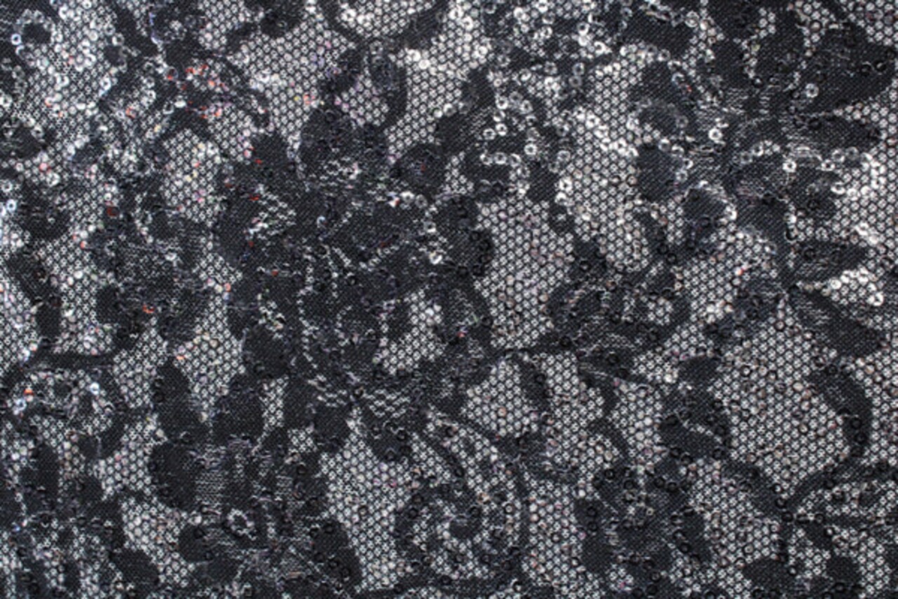 1 Yard Black Lace Fabric 4-Way Stretch Sequin Mesh Printed Fabric 36" x 60"